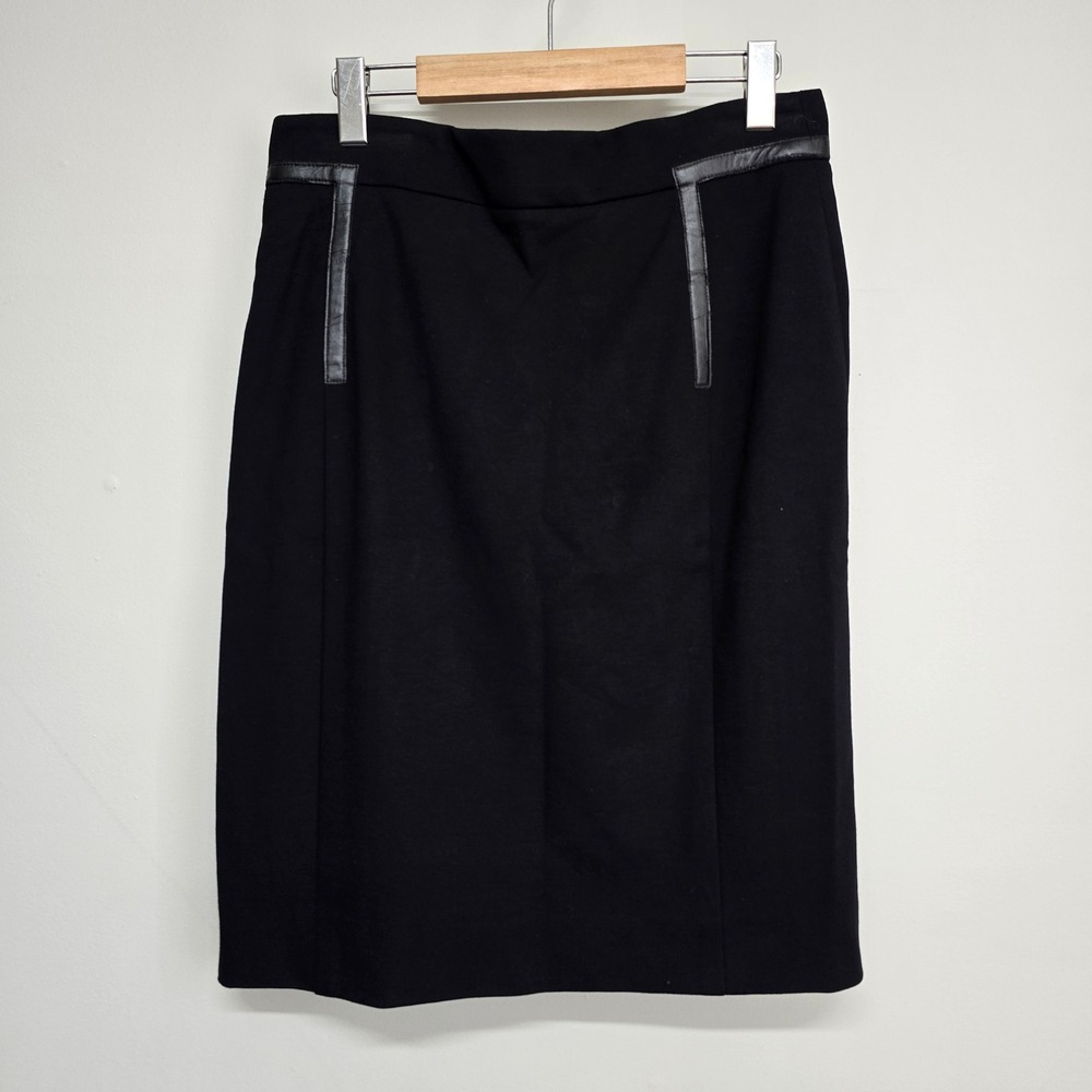 Akris Punto Pencil Skirt Womens 12 Black‎ Leather Trim Professional Quiet Luxury